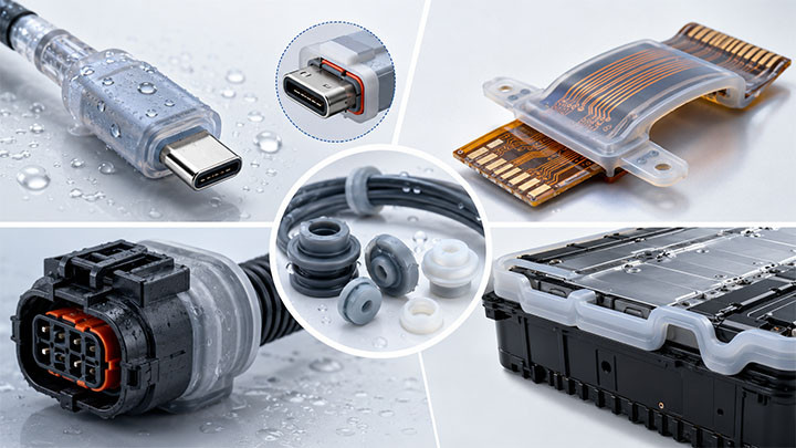 Waterproof silicone overmolding for electronics and automotive connectors