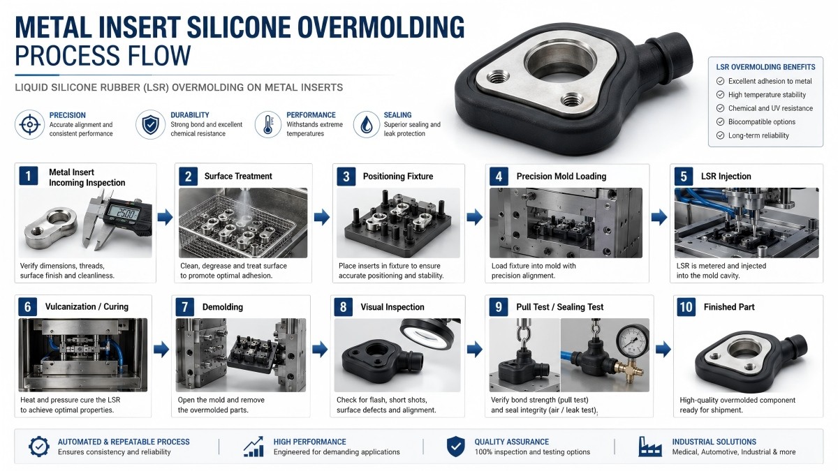 Metal silicone overmolding process flow from insert positioning to finished parts