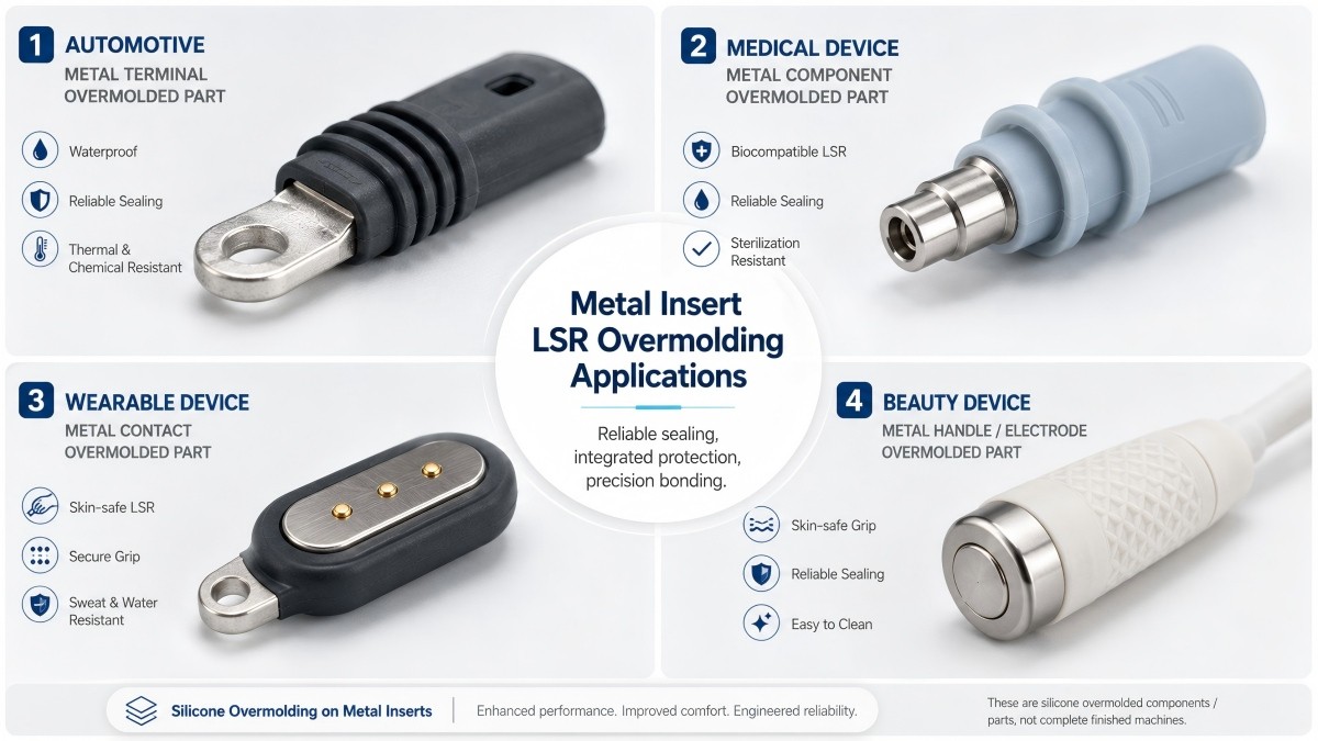 Metal silicone overmolded parts for automotive medical wearable and beauty devices