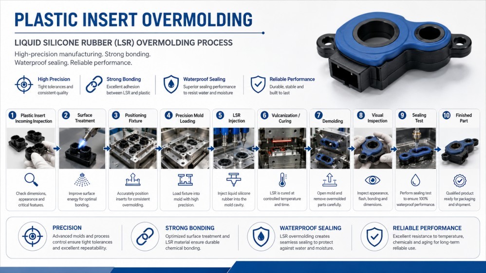 Plastic silicone overmolding process flow from insert positioning to finished parts