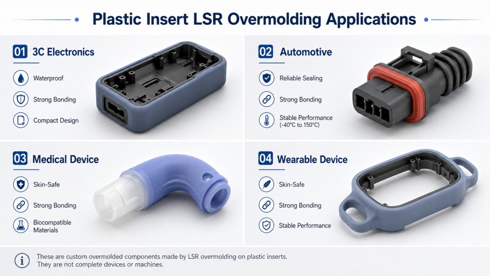 Plastic silicone overmolded parts for electronics automotive medical and wearable devices