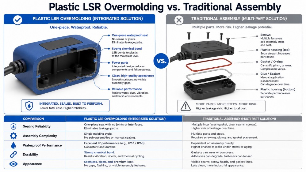 Comparison of plastic silicone overmolding and traditional assembly methods