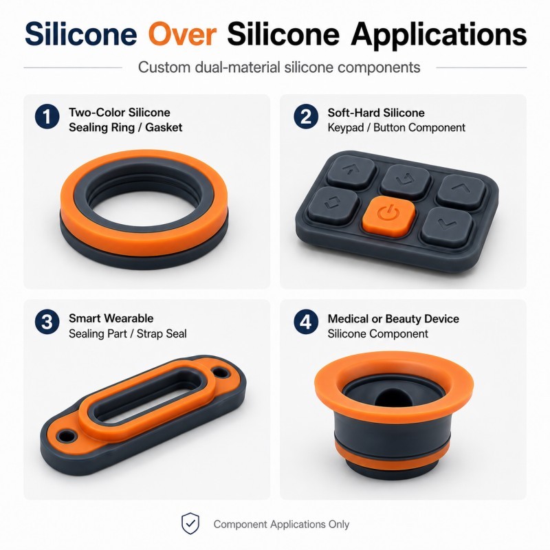 Silicone over silicone molded parts for wearable medical beauty and industrial applications