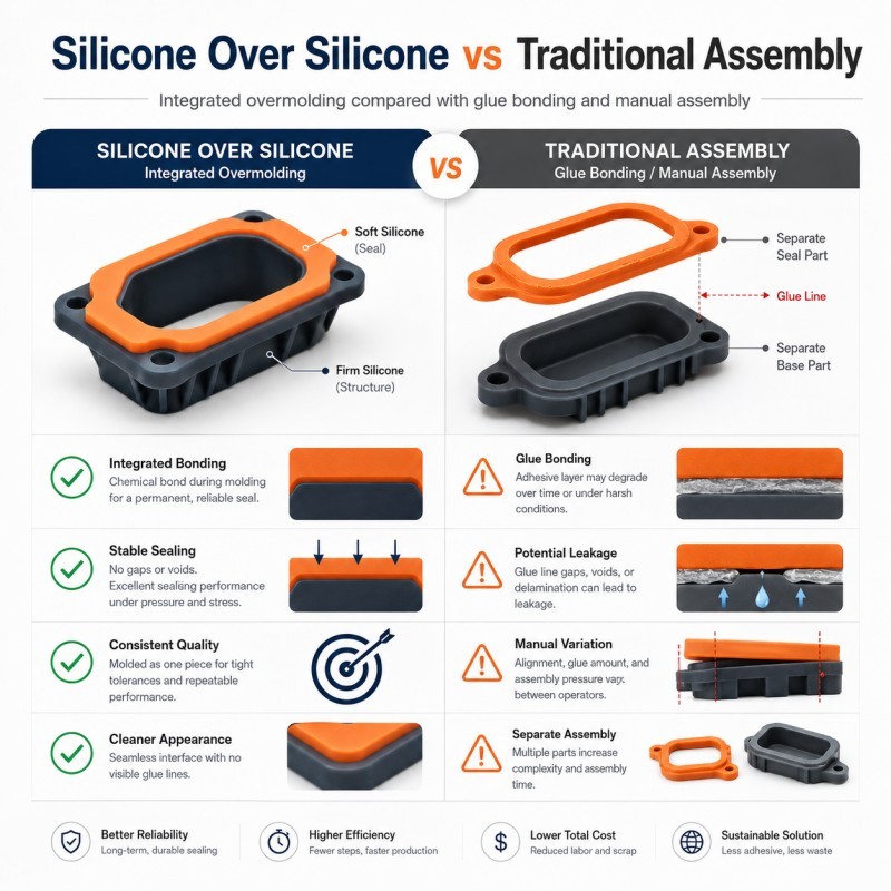 Comparison of silicone over silicone molding and traditional silicone assembly