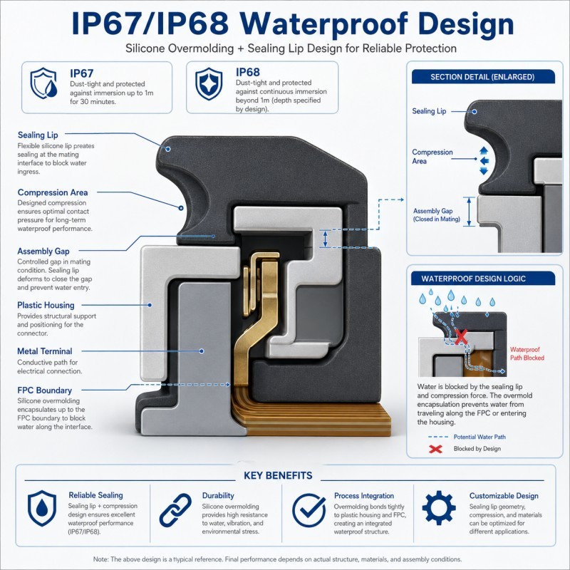 Waterproof silicone overmolding design for IP67 and IP68 sealing