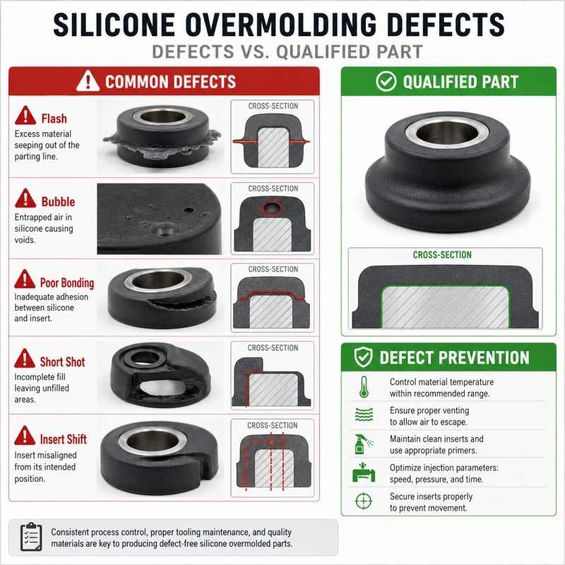 Silicone overmolding defect prevention for custom LSR parts