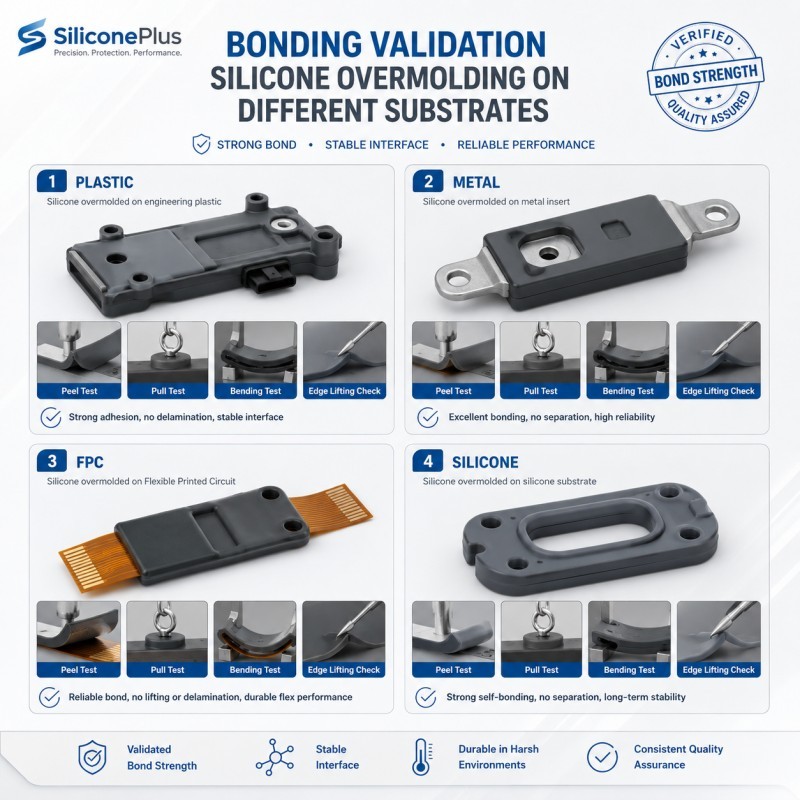 Silicone overmolding bonding validation for plastic metal FPC and silicone