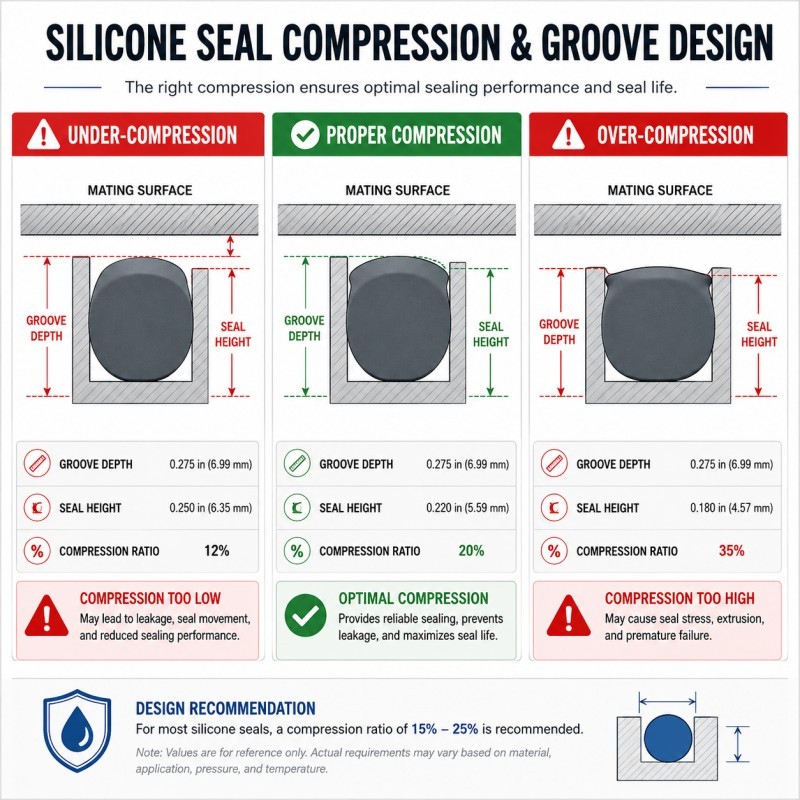 Silicone seal compression ratio and groove design