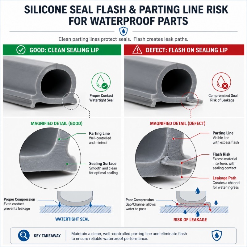 Silicone seal flash and parting line risk for waterproof parts