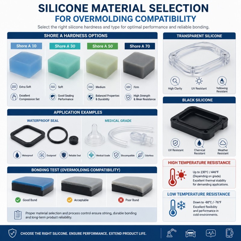 Silicone material selection for overmolding compatibility