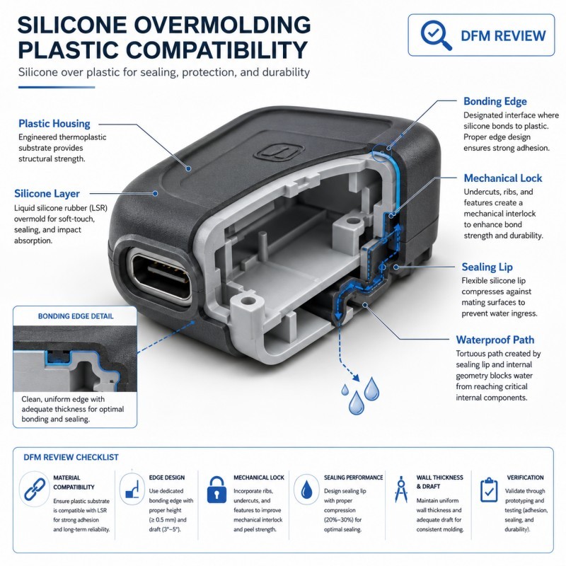 Plastic compatibility for silicone overmolding parts