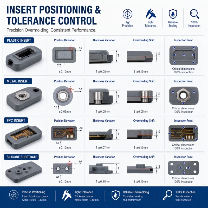 Insert positioning and tolerance control in silicone overmolding