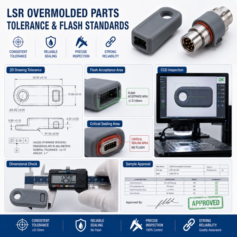 Tolerance and flash standards for LSR overmolded parts