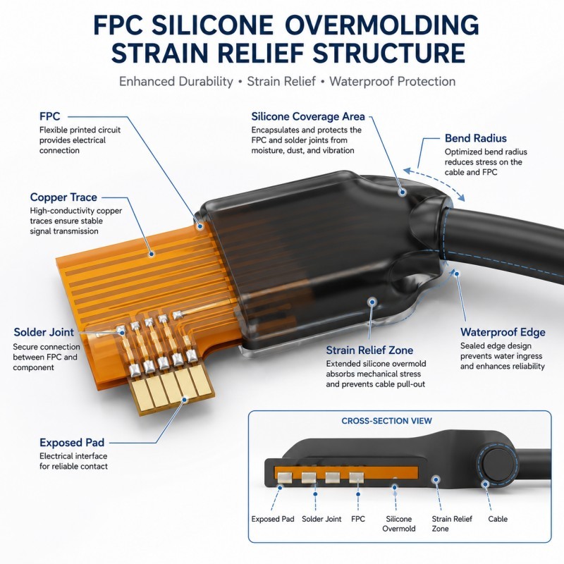 FPC silicone overmolding strain relief structure