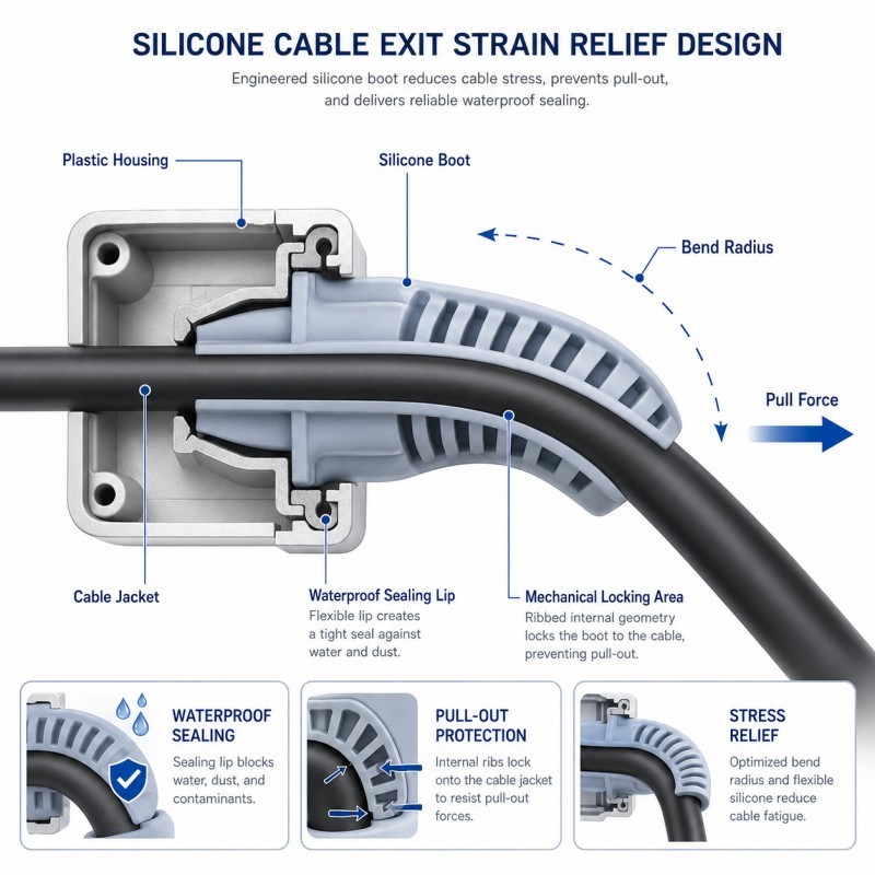 Silicone cable exit strain relief design
