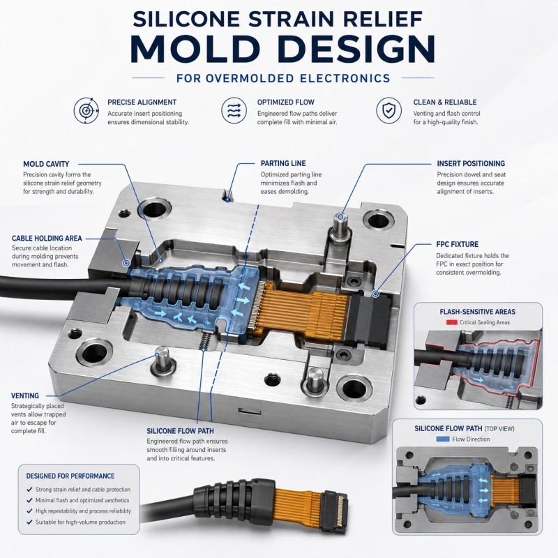 Silicone strain relief mold design for overmolded electronics