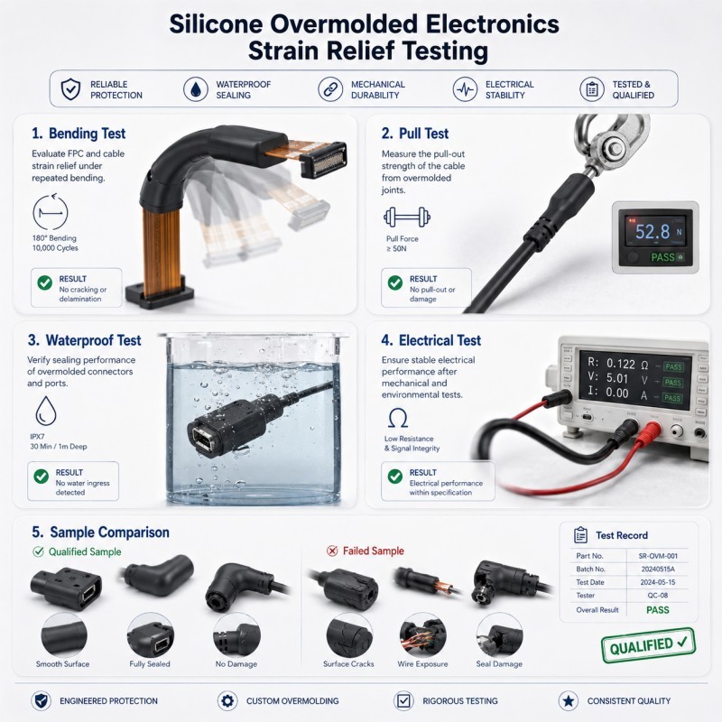 Silicone overmolded electronics strain relief testing