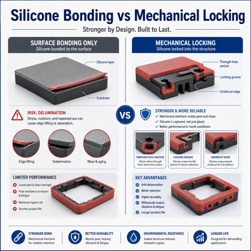 Silicone bonding versus mechanical locking in overmolded parts