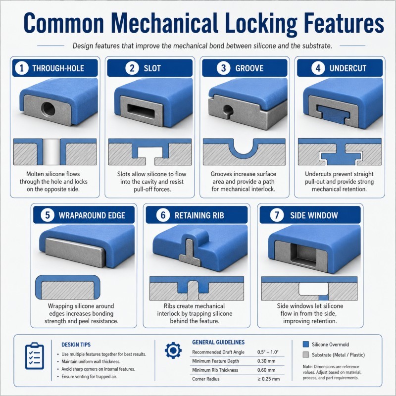 Common mechanical locking features for silicone overmolding