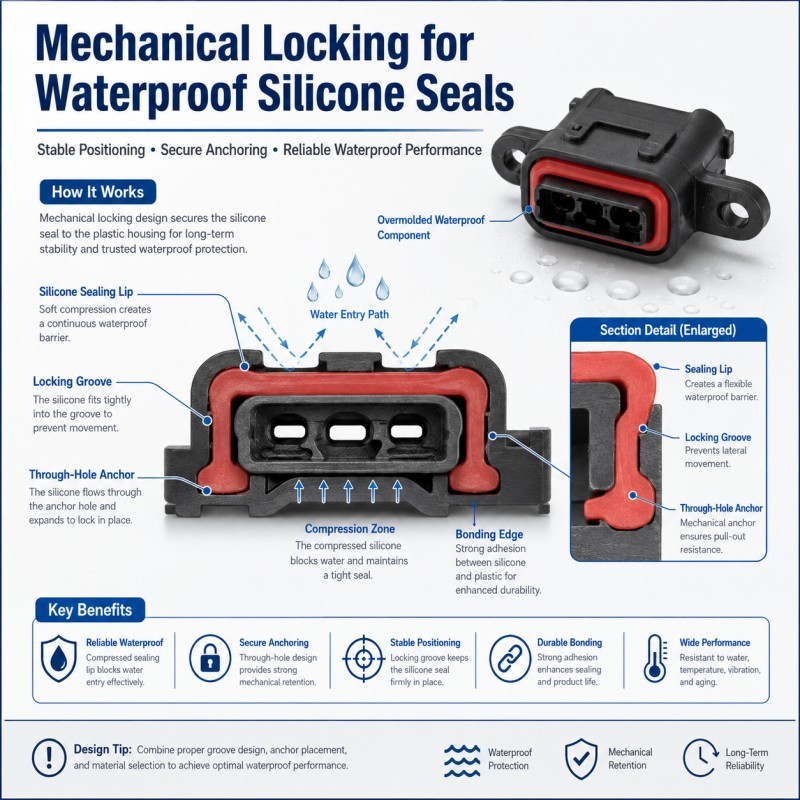 Mechanical locking design for waterproof silicone seals