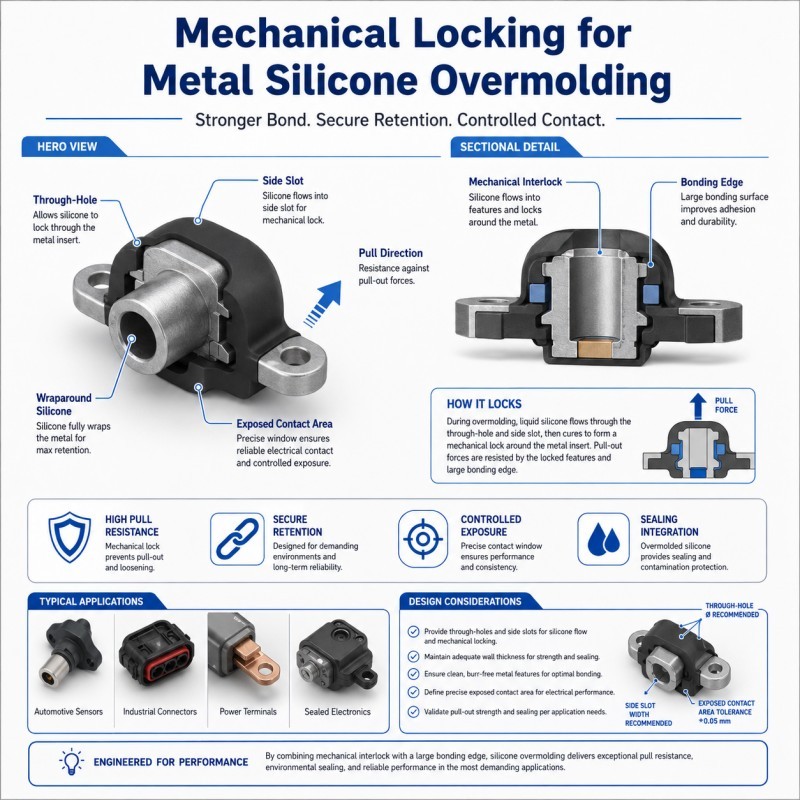 Mechanical locking design for metal silicone overmolding