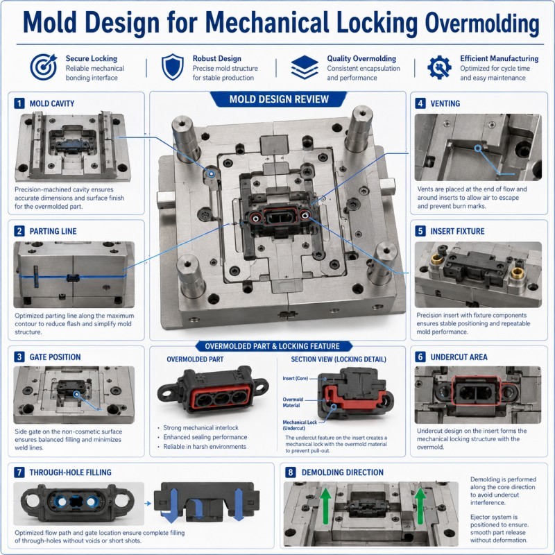 Mold design for mechanical locking in silicone overmolding