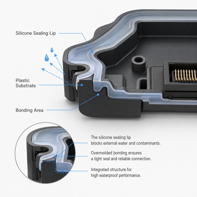 Silicone over plastic waterproof seal structure