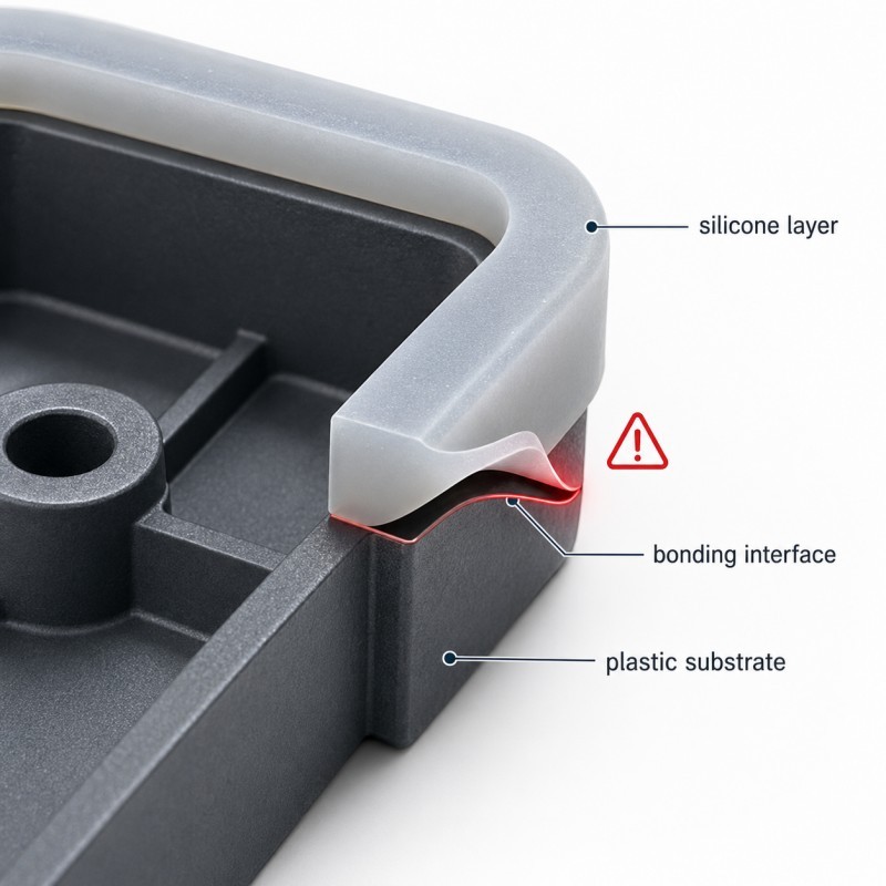Silicone overmolding delamination cause