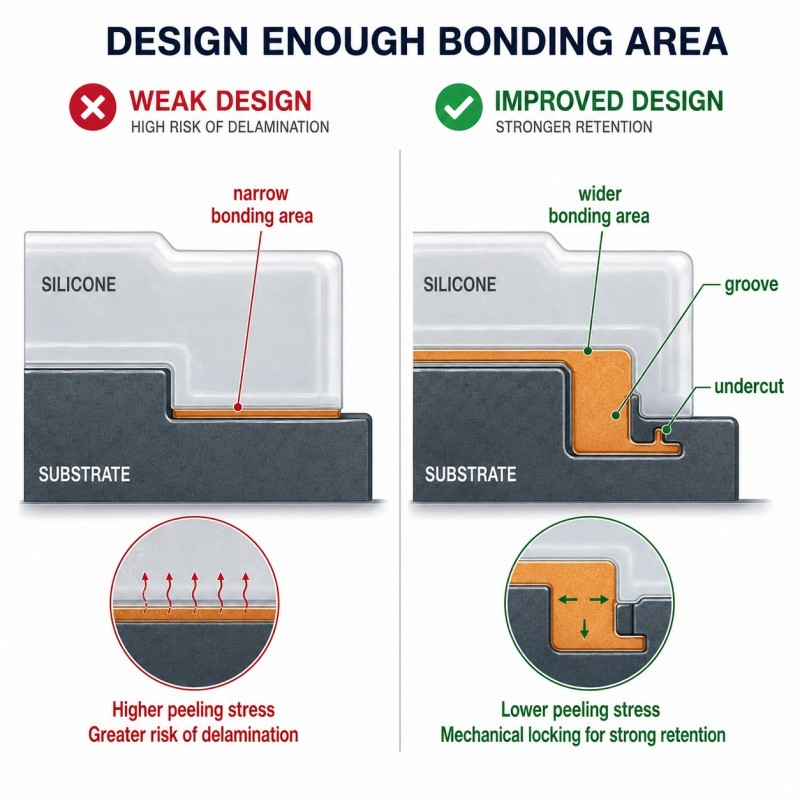 Silicone overmolding bonding area design