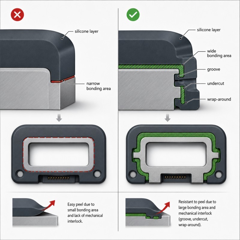 Silicone overmolding bonding area DFM design