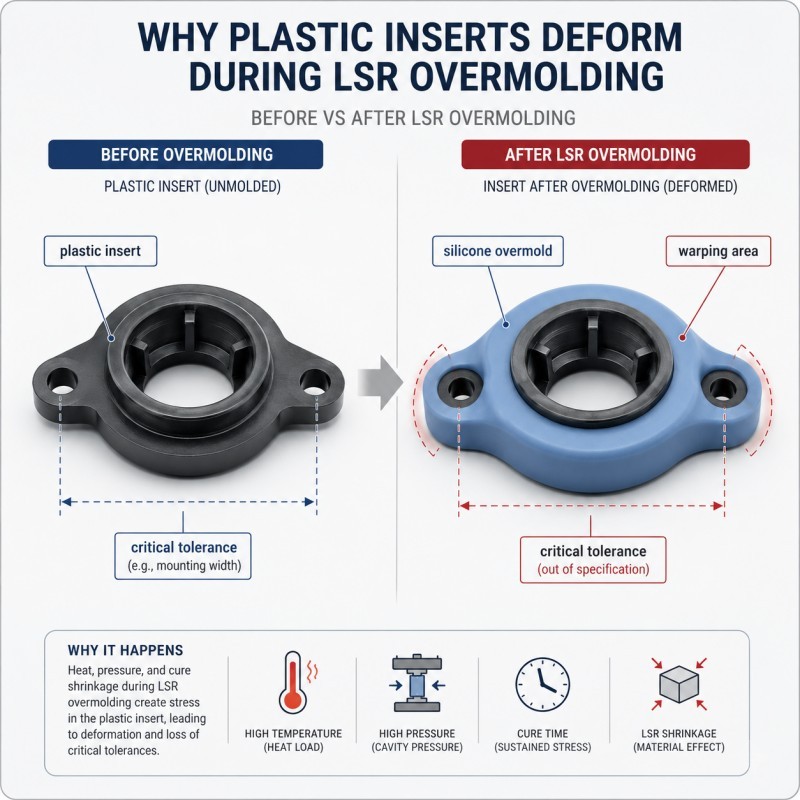Plastic insert deformation in LSR overmolding