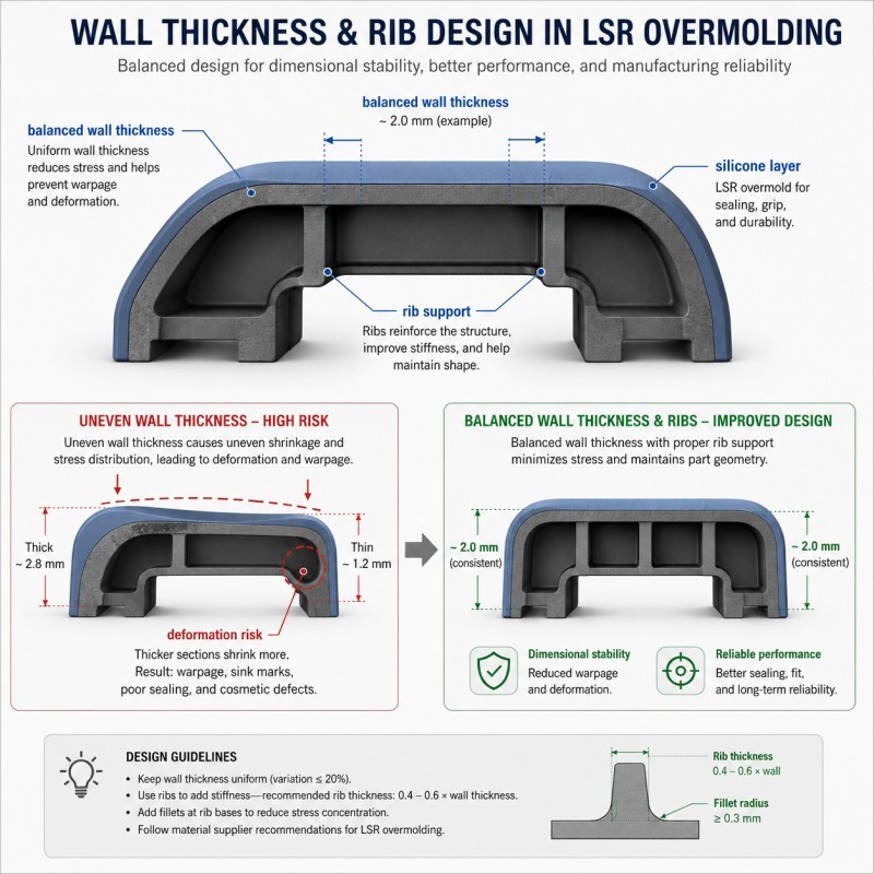 Plastic wall thickness design for LSR overmolding