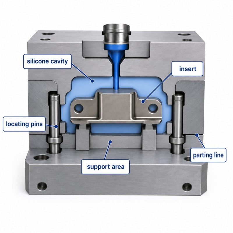 Insert positioning in LSR overmolding structure