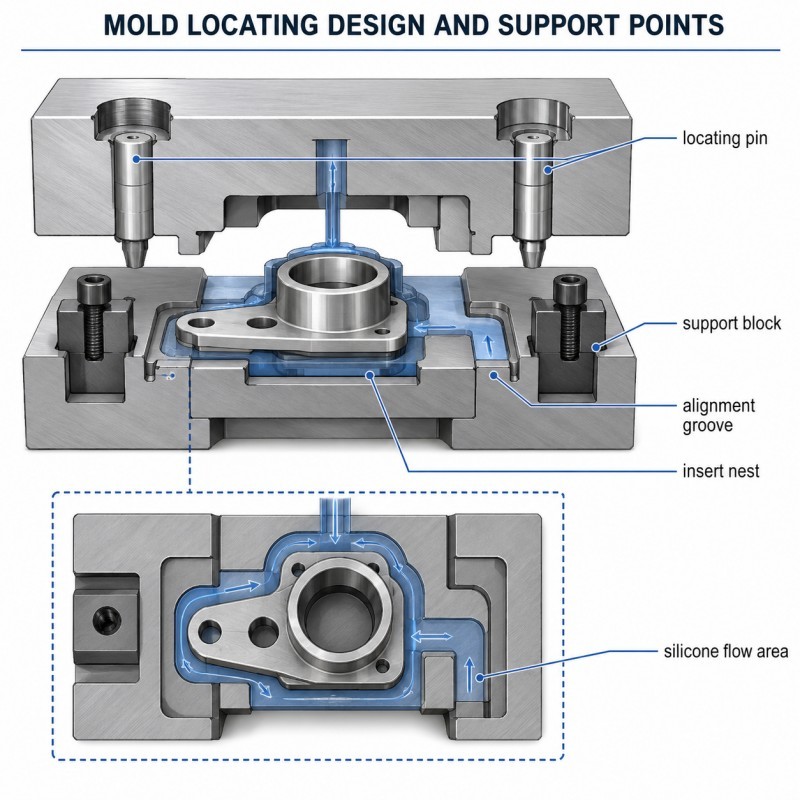 Mold locating design for LSR inserts