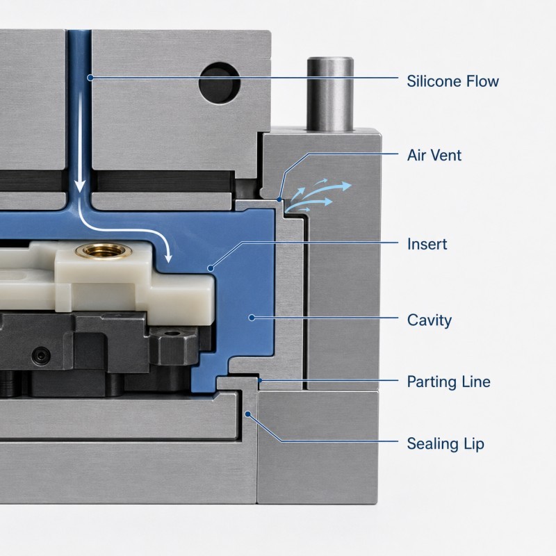 LSR overmolding mold venting structure