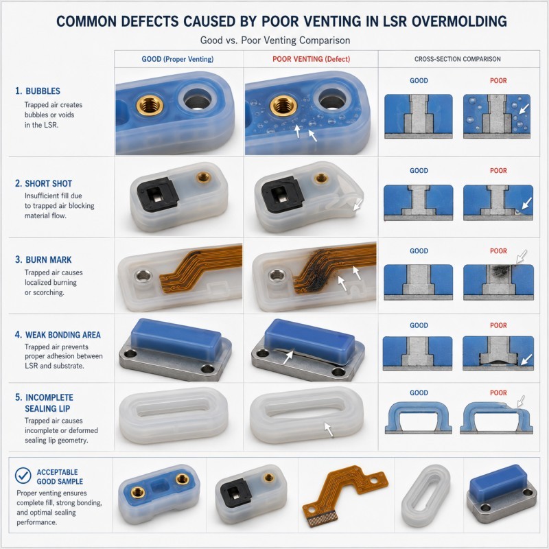 Air trap defects in LSR overmolding