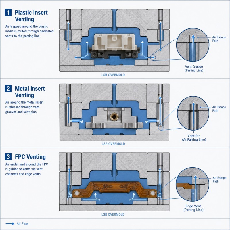 Venting design for insert overmolding