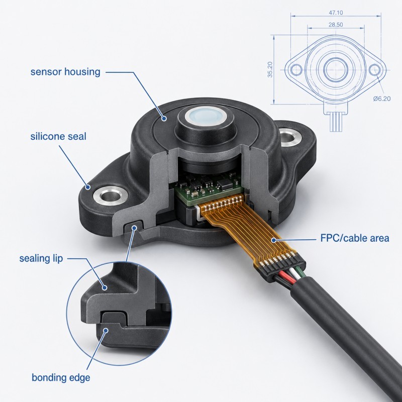 Custom LSR overmolded sensor seal structure