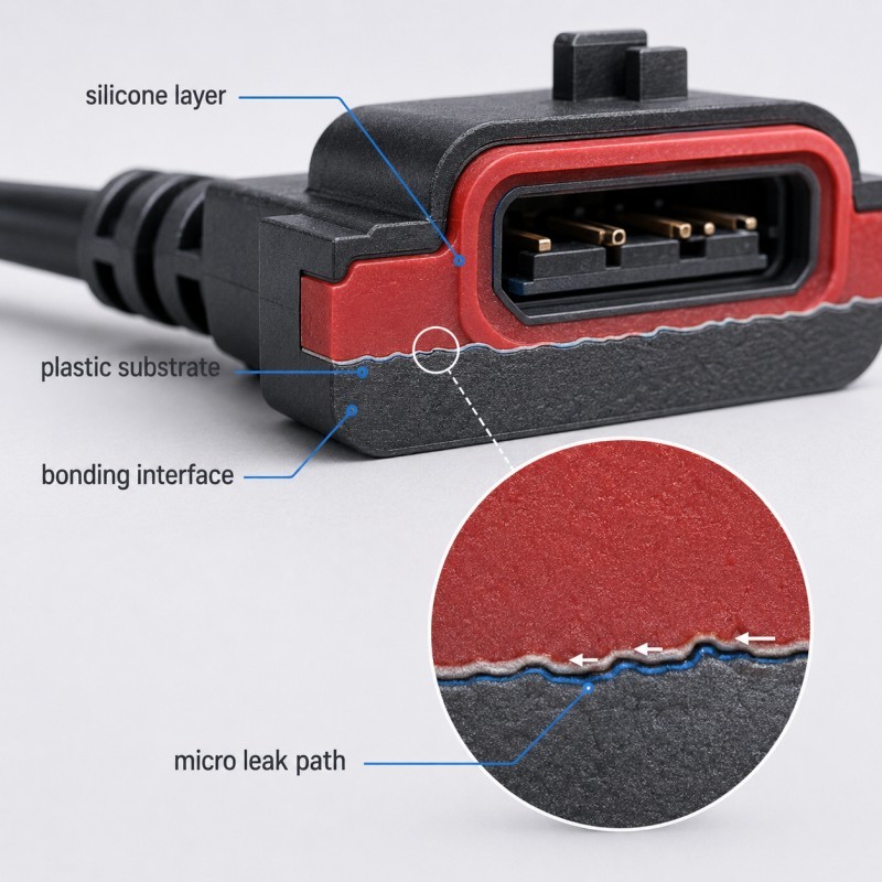 Silicone overmolding bonding interface leak path