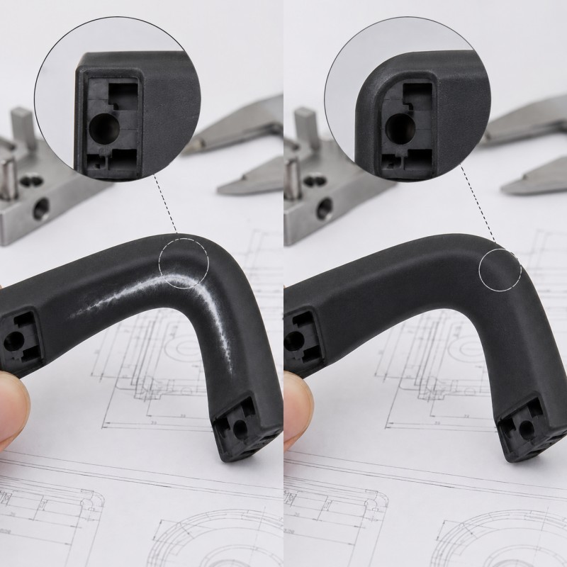 Plastic insert edge stress in silicone overmolding