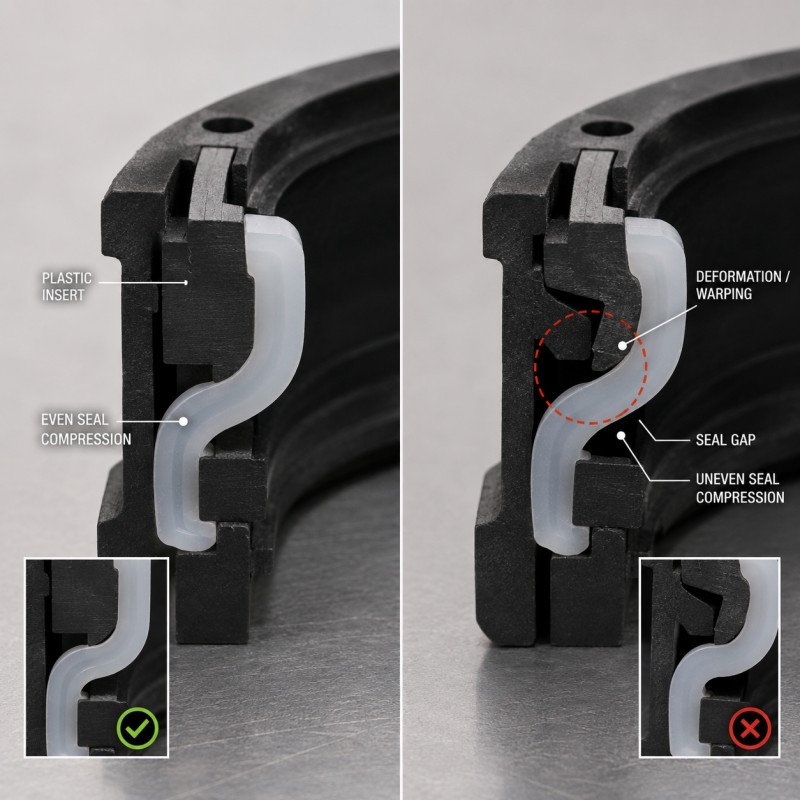 Plastic insert deformation affecting silicone seal