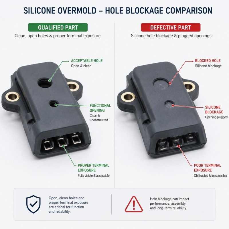 Silicone overmolding hole blockage comparison