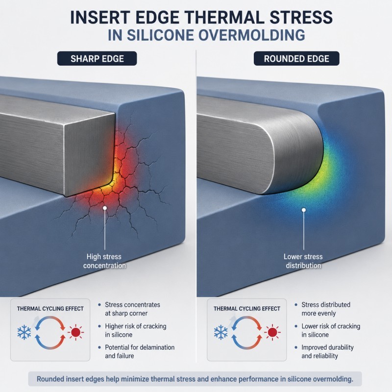 Insert edge thermal stress in silicone overmolding