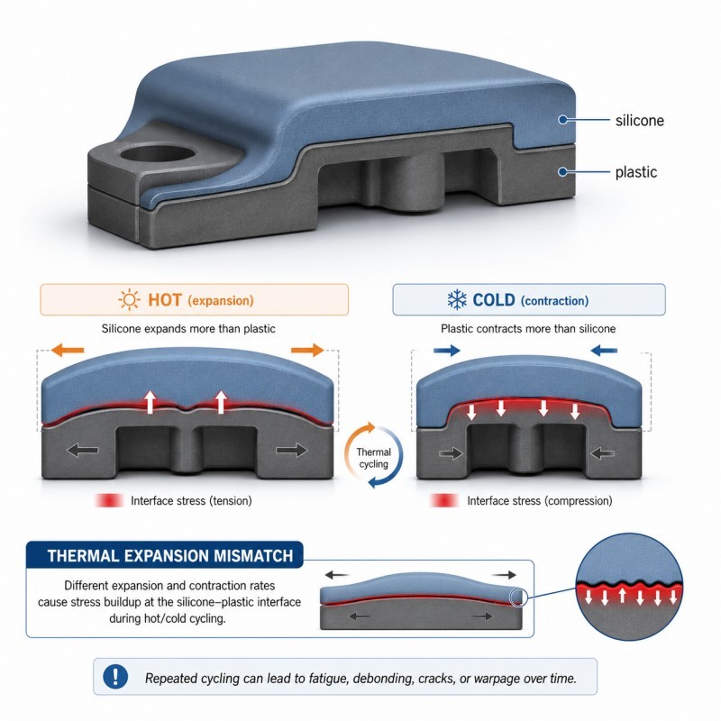 Silicone and plastic thermal expansion mismatch