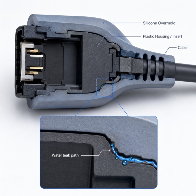 Thermal cycling water leak in silicone overmolding