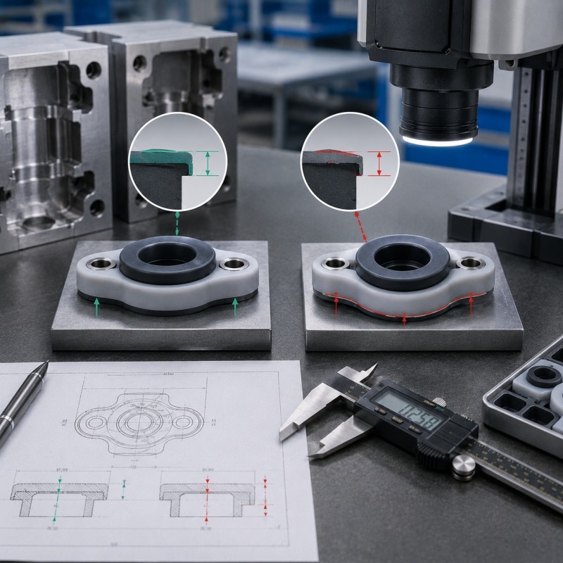 Plastic insert dimensional variation in LSR overmolding