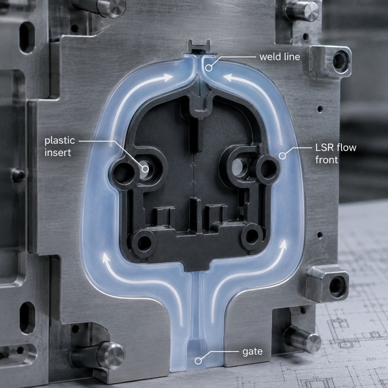 LSR flow fronts meeting behind a plastic insert