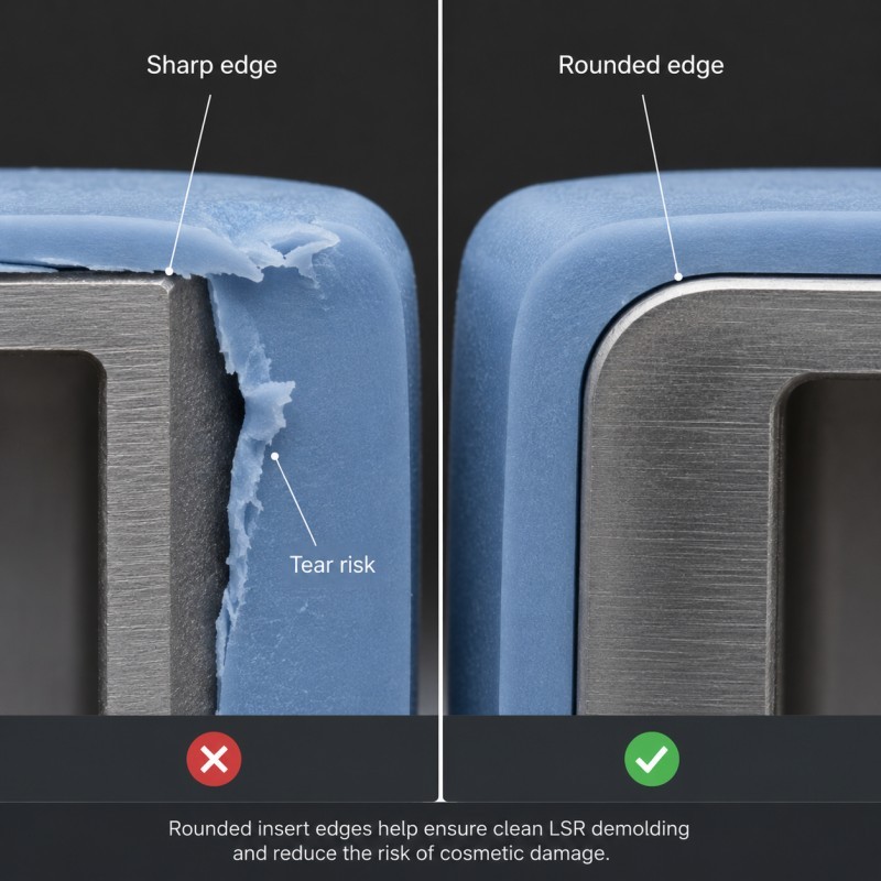 Insert edge causing LSR demolding tear