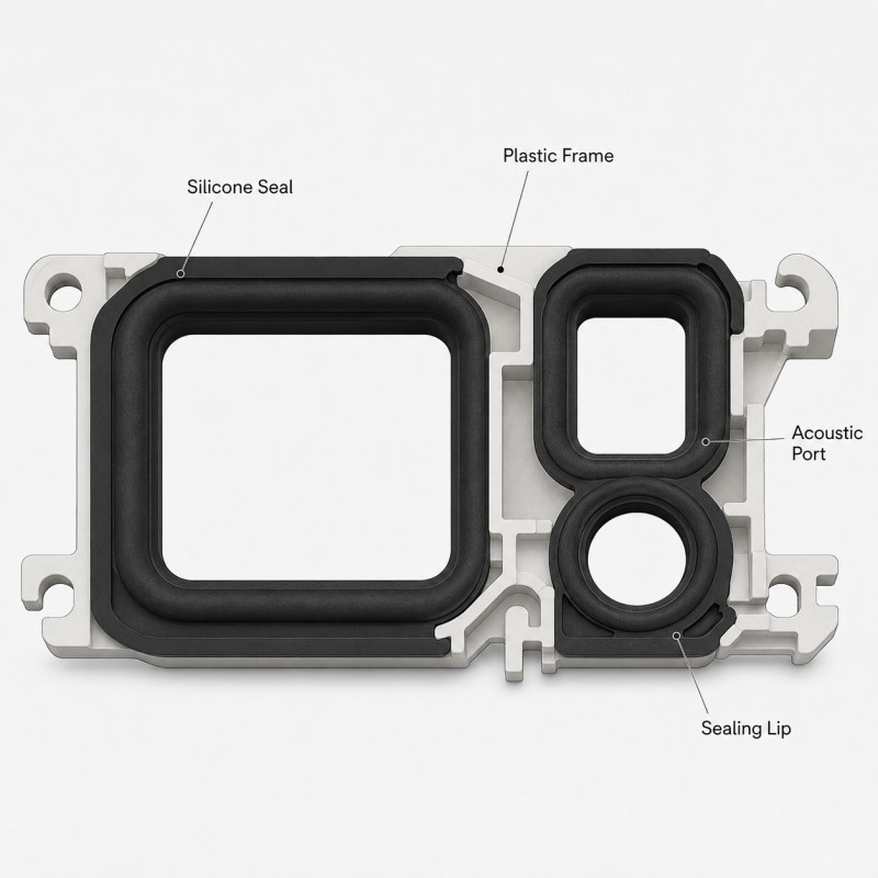 Speaker microphone silicone overmolding structure