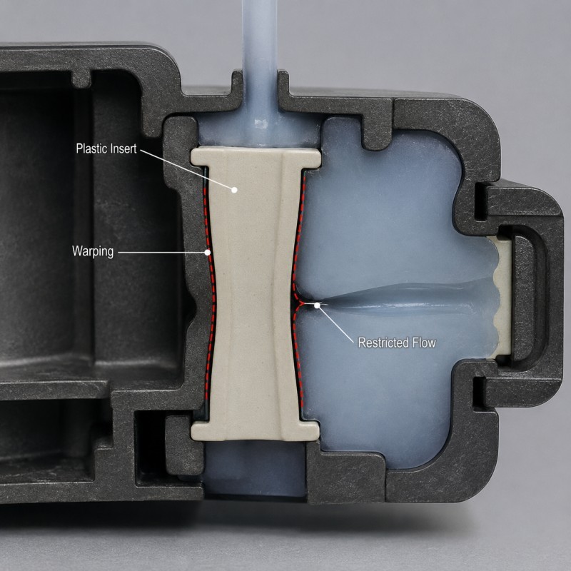 Plastic insert deformation blocking LSR flow
